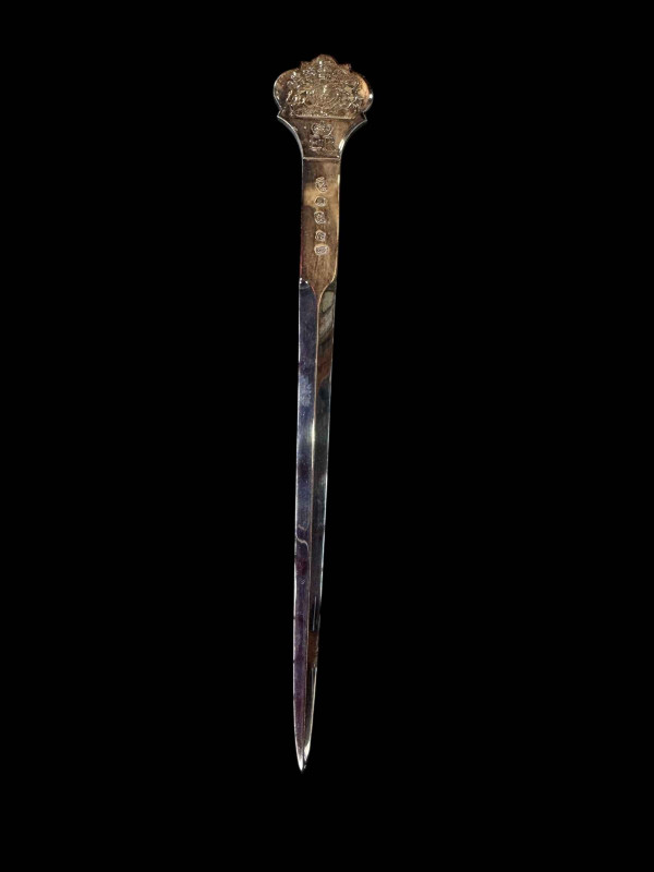 Silver skewer/paper knife to celebrate ERII Silver Jubilee, Sheffield 1977.