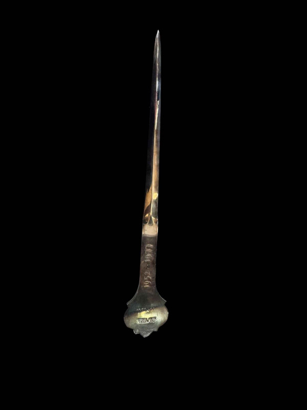 Silver skewer/paper knife to celebrate ERII Silver Jubilee, Sheffield 1977.