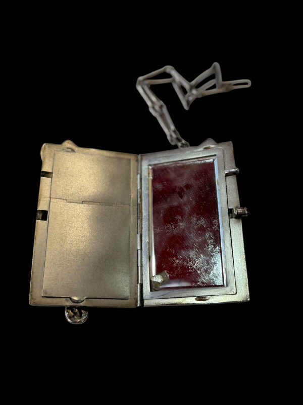 Louis Kuppenheim silver vanity case, the front and back with repousse cat having ruby eyes, fitted interior with cabachon ruby openers, with chain, 10.5cm by 6cm.