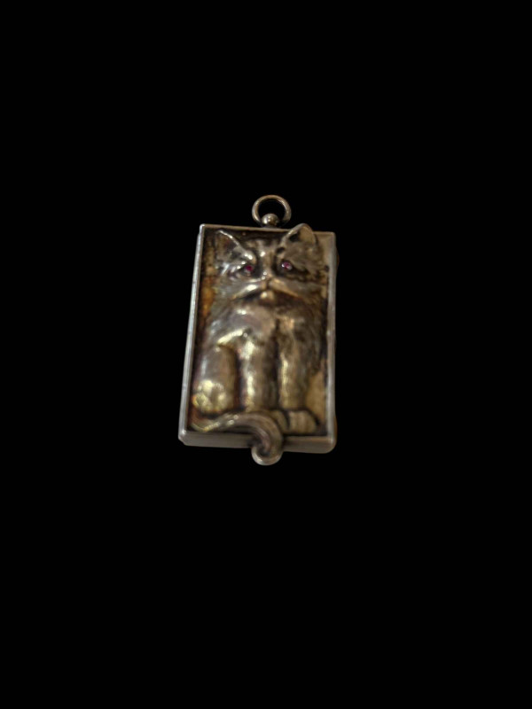 Louis Kuppenheim silver vanity case pendant, the front and back with repousse cat with ruby eyes, well fitted interior, 6.25cm by 3cm including loop.