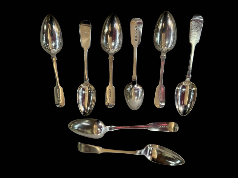 Pair George III silver fiddle pattern tablespoons, London 1807, and six Victorian silver fiddle pattern dessert spoons, 1849.