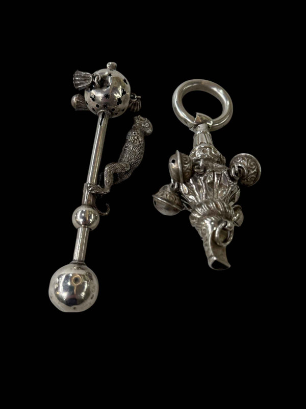 Two silver babies rattles including monkey, Birmingham 1905.
