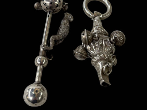 Two silver babies rattles including monkey, Birmingham 1905.