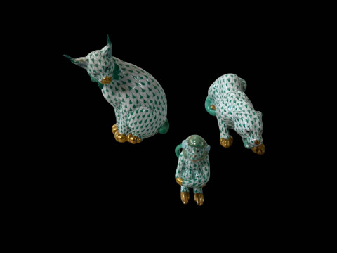 Three Herend animals, Lynx 13cm, Tiger 16.5cm length and Monkey.