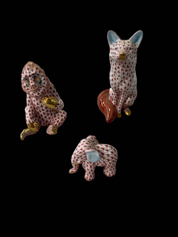 Three Herend animals, Baboon 9.5cm, Fox 13.5cm and small elephant.