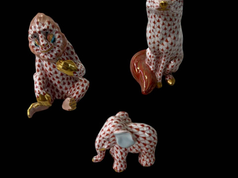 Three Herend animals, Baboon 9.5cm, Fox 13.5cm and small elephant.