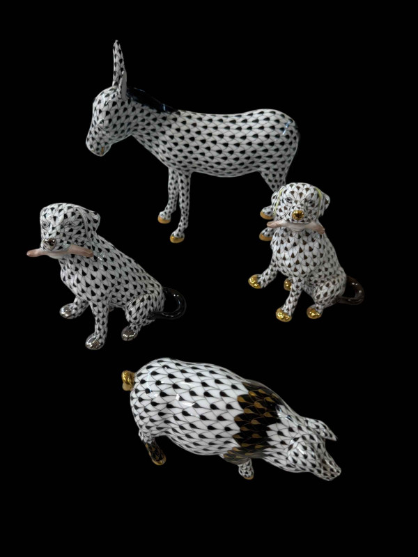 Four Herend animals, Max with Bone x 2, 11cm, Pig 12.5cm length and Donkey 16.5cm height.
