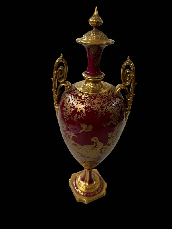 Royal Crown Derby vase with gilt exotic birds on maroon ground, 42cm.