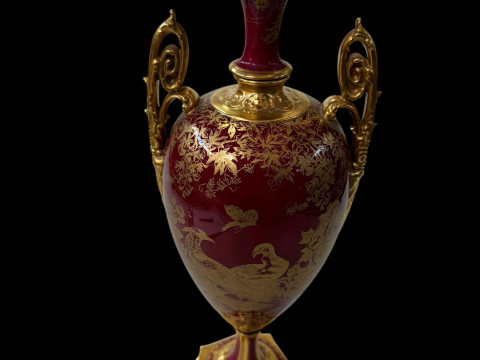 Royal Crown Derby vase with gilt exotic birds on maroon ground, 42cm.