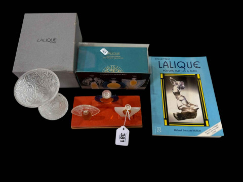 Lalique Arabesque vase, 13cm, with box, and Lalique perfume miniature...
