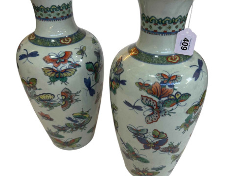 Pair large Chinese vases decorated with butterflies and insects, blue...