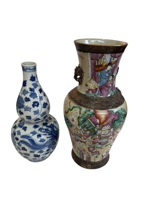 Chinese blue and white double gourd vase with exotic birds, two circle mark, 36cm, together with large vase (2).