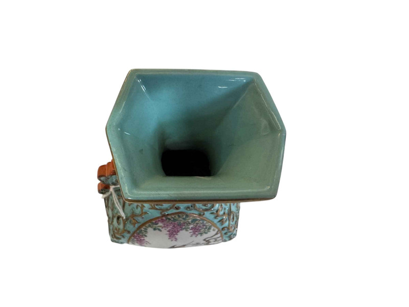 Chinese two handle vase with panels of birds on relief gilt and blue ground, seal mark, 20.5cm.