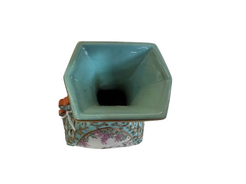 Chinese two handle vase with panels of birds on relief gilt and blue ground, seal mark, 20.5cm. thumbnail