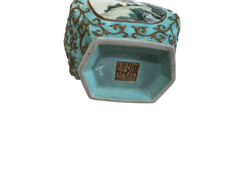 Chinese two handle vase with panels of birds on relief gilt and blue ground, seal mark, 20.5cm.