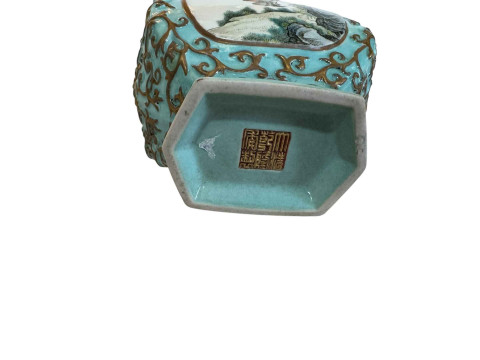 Chinese two handle vase with panels of birds on relief gilt and blue ground, seal mark, 20.5cm. thumbnail