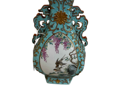 Chinese two handle vase with panels of birds on relief gilt and blue ground,...
