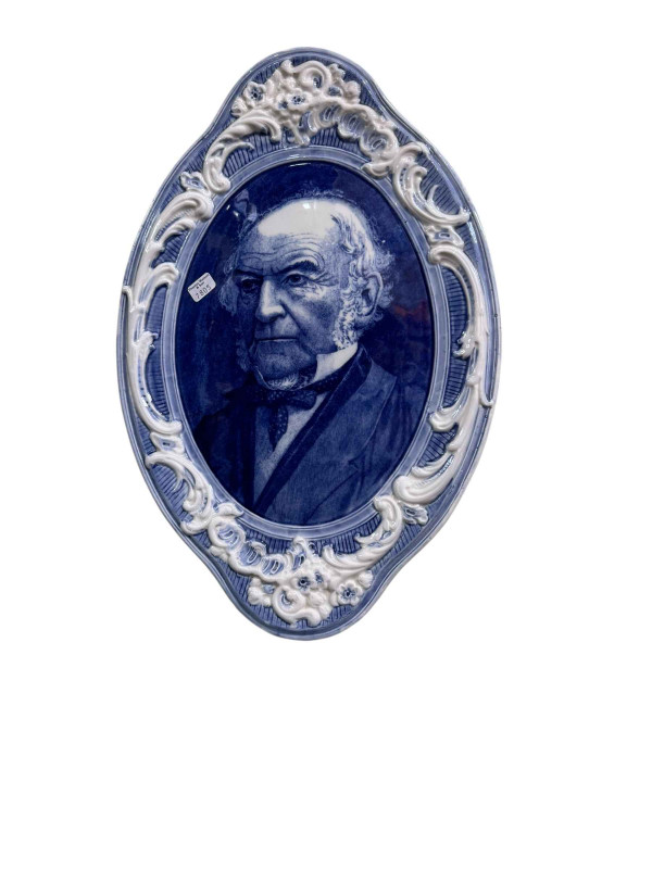 Burgess & Leigh Middleport Pottery blue and white portrait plaque of Gladstone, 39cm by 26cm.
