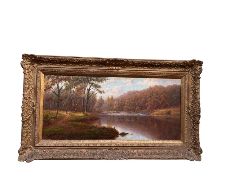 Everett William Mellor 1878-1965, Meeting of the Waters, Bolton Woods, Yorkshire, oil on canvas, signed lower left, 35cm by 75cm, in gilt frame.