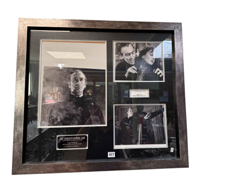 Christopher Lee Portraying Dracula, signed framed montage, 67.5cm by 75.5cm...