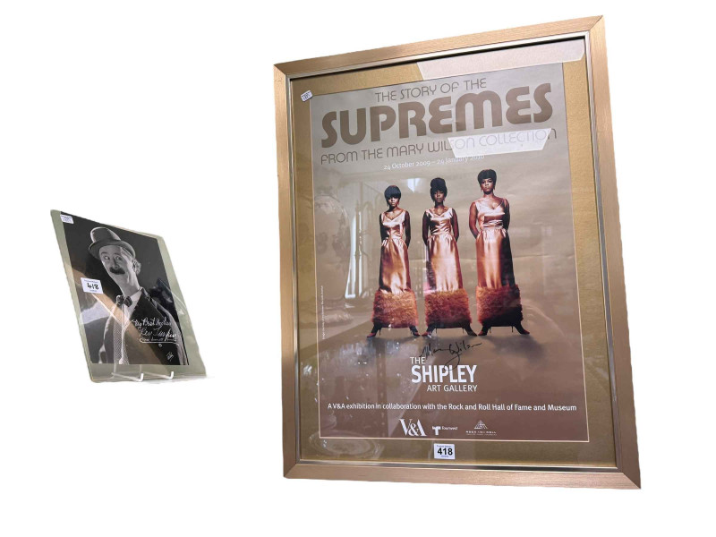 The Shipley Art Gallery, The Story of the Supremes Exhibition Poster signed by Mary Wilson, framed, 70cm by 53.5cm, including frame and Ben Turpin, signed photo with signed cheque (2).