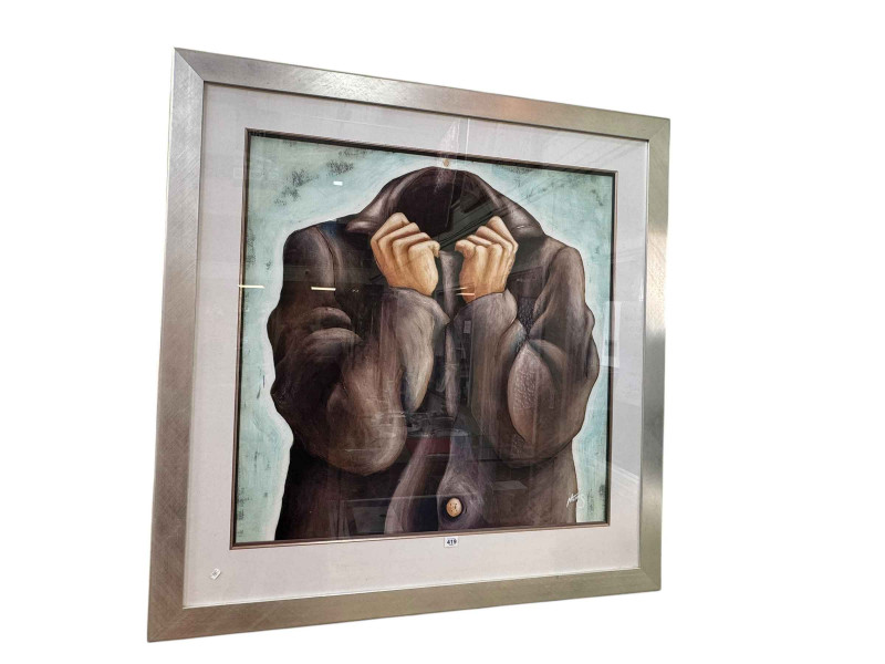 Lou Harris, Headless Man, acrylic, signed lower right, 88cm by 88cm, framed.