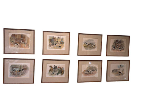 Set of eight framed watercolour drawings of Hunting Dogs and Huntsmen,...