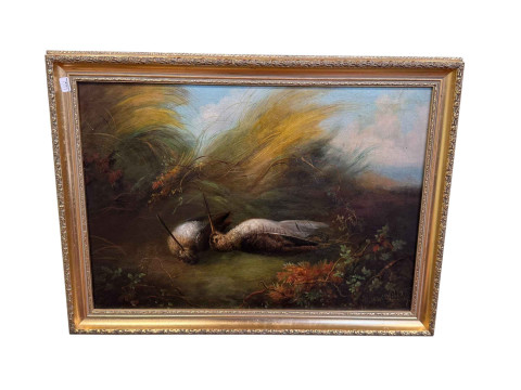 George Goodman RBA, Two Dogs Resting at Home, oil on canvas, signed lower right, 23.5cm by 28.5cm, in gilt frame, and JW Mills, a pair of Dead Snipe, oil on canvas, signed lower right, 34cm by 49cm, in gilt frame (2). thumbnail