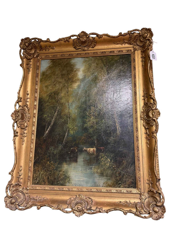 E Lloyd, Two Horses in a Stable, oil on canvas, signed and dated 29th August 1882, lower right, 44.5cm by 68cm, in gilt frame, and T Wood, Cattle in a Woodland Stream, signed oil on canvas board, 59cm by 44cm, in gilt frame (2).