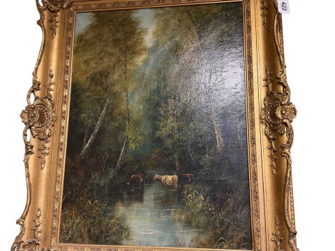 E Lloyd, Two Horses in a Stable, oil on canvas, signed and dated 29th August 1882, lower right, 44.5cm by 68cm, in gilt frame, and T Wood, Cattle in a Woodland Stream, signed oil on canvas board, 59cm by 44cm, in gilt frame (2). thumbnail