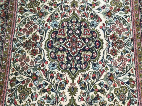 Persian floral decorated rug with pink border, 2.30 by 1.39. thumbnail