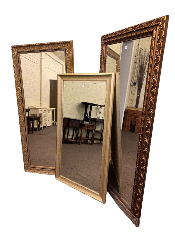Contemporary rectangular framed bevelled wall mirror, 138cm x 76cm including frame, contemporary rectangular gilt framed wall mirror, 172cm x 80.5cm including frame and rectangular bronzed finish framed wall mirror, 172cm x 80.5cm, including frame.