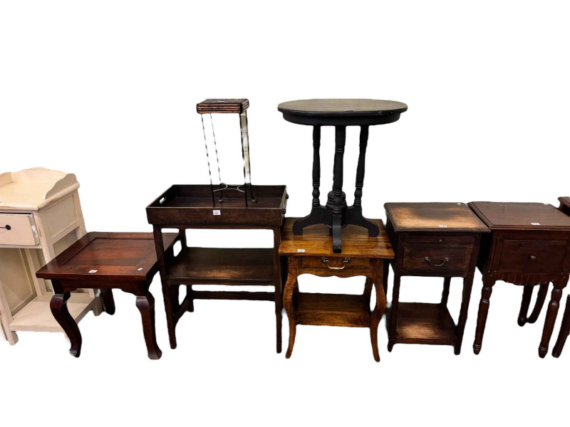 Nest of three hardwood tables, three various pedestals, tray top table, three occasional tables, plant stand, glass vase and contents (10).