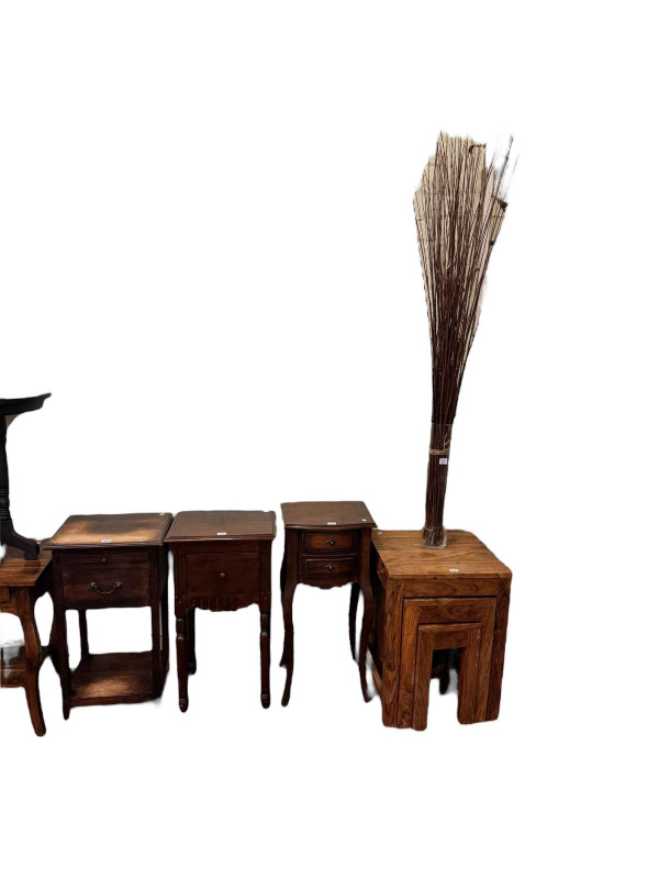 Nest of three hardwood tables, three various pedestals, tray top table, three occasional tables, plant stand, glass vase and contents (10).