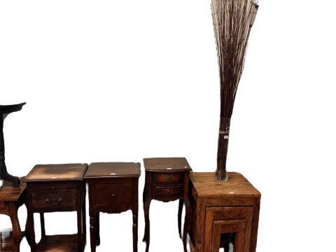 Nest of three hardwood tables, three various pedestals, tray top table,...