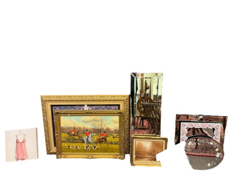 Three painted pedestals, folding chair and table, five wall mirrors and four various pictures (14). thumbnail