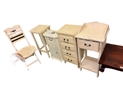 Three painted pedestals, folding chair and table, five wall mirrors and...
