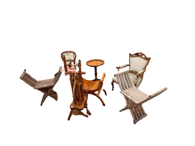 Three X-framed stools, spinning wheel, pedestal occasional table and two occasional chairs (7).