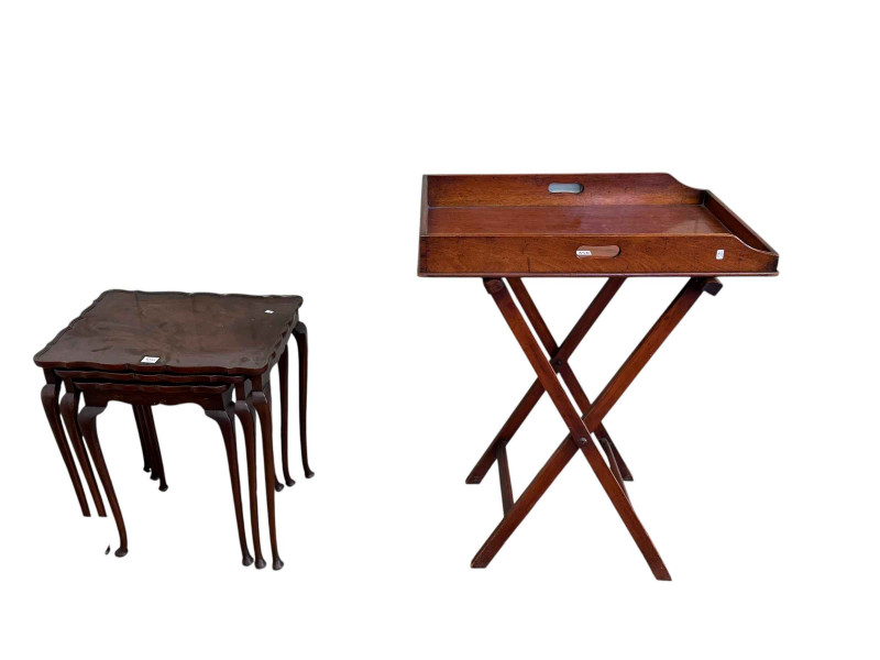 Mahogany butlers tray and folding stand and nest of three mahogany cabriole leg tables.