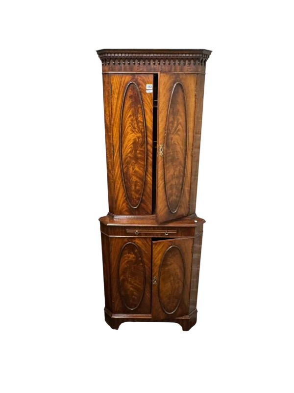 Bevan & Funnell? mahogany double standing corner cabinet and pair glazed panel door corner wall cabinets (3).
