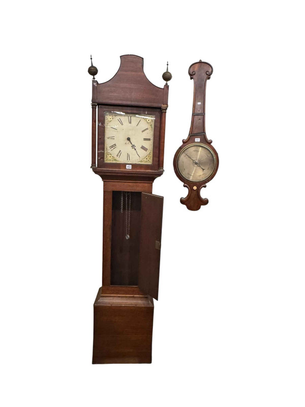 Antique oak and mahogany 30 hour longcase clock having floral painted square dial and antique mahogany barometer (2).
