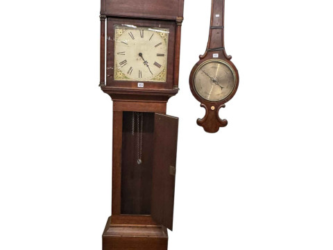 Antique oak and mahogany 30 hour longcase clock having floral painted...