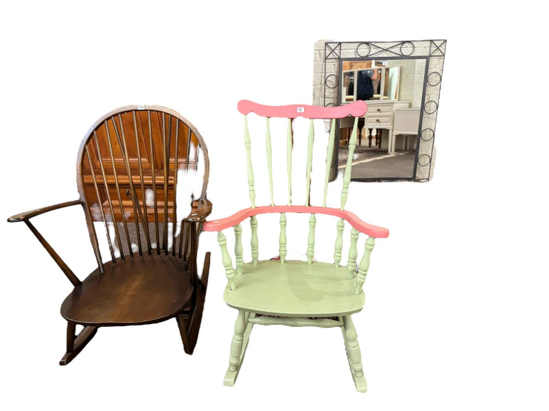 Vintage Ercol rocking chair, painted farmhouse style rocking chair, rectangular glazed panel top coffee table, pair side chairs and wrought metal framed wall mirror (6).