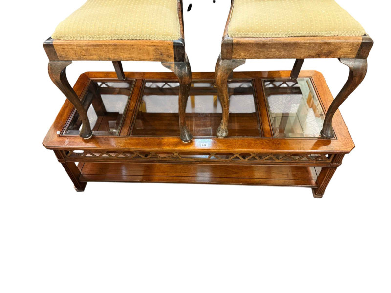 Vintage Ercol rocking chair, painted farmhouse style rocking chair, rectangular glazed panel top coffee table, pair side chairs and wrought metal framed wall mirror (6).