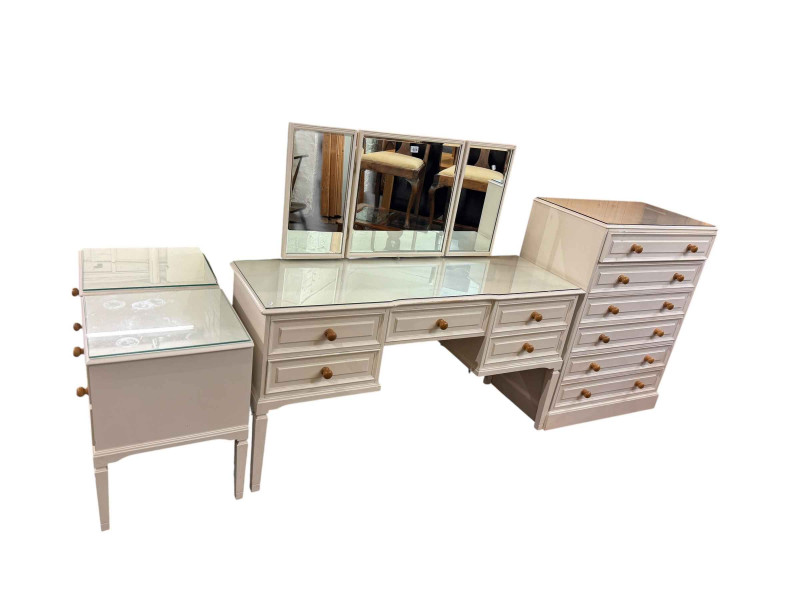 Contemporary white four piece bedroom suite comprising triple mirror five drawer dressing table, six drawer chest and pair two drawer pedestals.