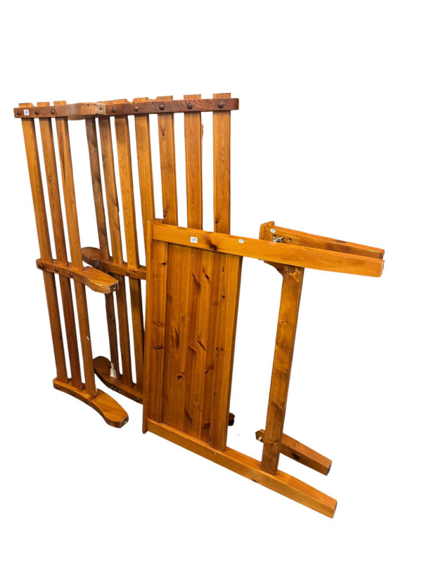 Five piece pine bedroom suite comprising two door wardrobe with two base drawers, dressing table, dressing stool, six drawer chest, three drawer pedestal, double and single bedsteads and five tier open bookcase (8).