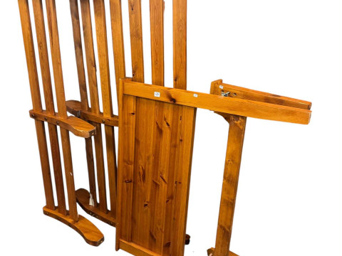 Five piece pine bedroom suite comprising two door wardrobe with two base drawers, dressing table, dressing stool, six drawer chest, three drawer pedestal, double and single bedsteads and five tier open bookcase (8). thumbnail