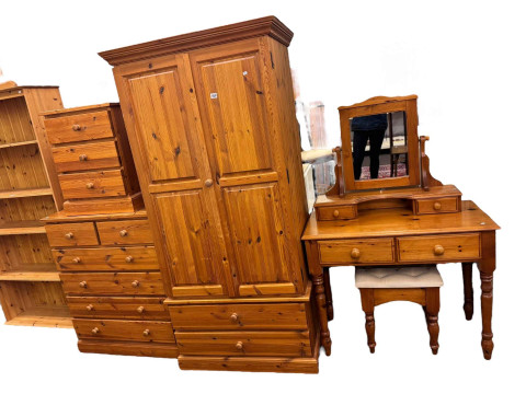 Five piece pine bedroom suite comprising two door wardrobe with two base...