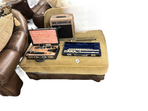 Brown studded leather and fabric five piece lounge suite comprising two seater settee, two chairs, large chair and footstool (some of the legs are not affixed and need attention). thumbnail