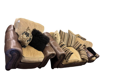 Brown studded leather and fabric five piece lounge suite comprising two...